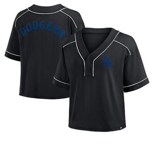 Women's Black. Dodgers Oversized Champ Game Midi Cropped V-Neck T-Shirt. size-XL